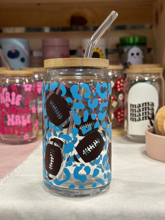 Cheetah Football Can Glass Blue