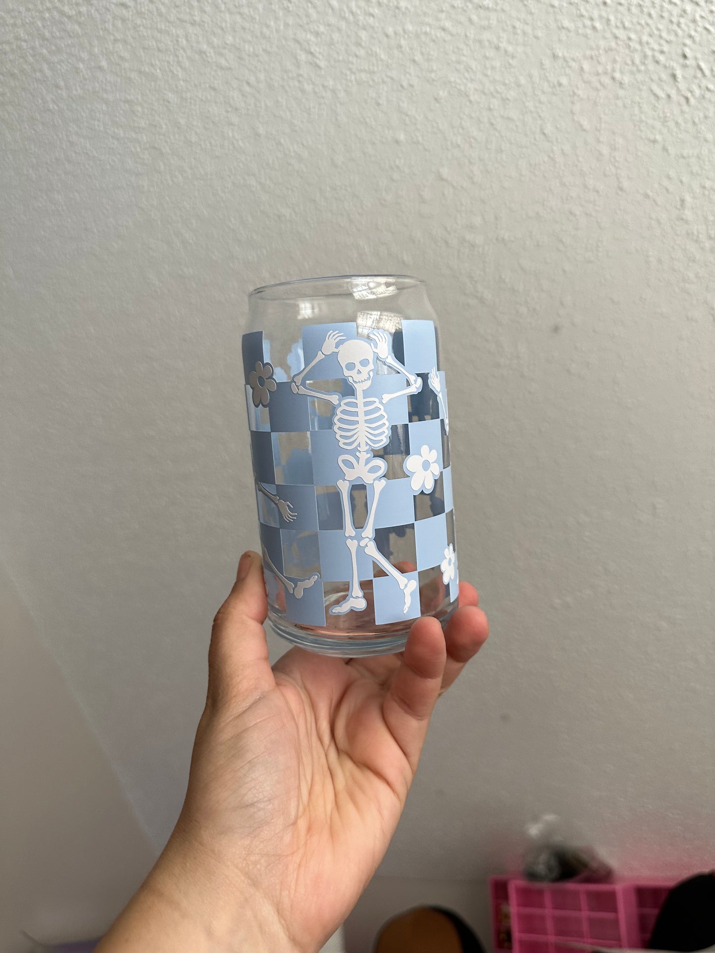 Checkered Skelly Can Glass