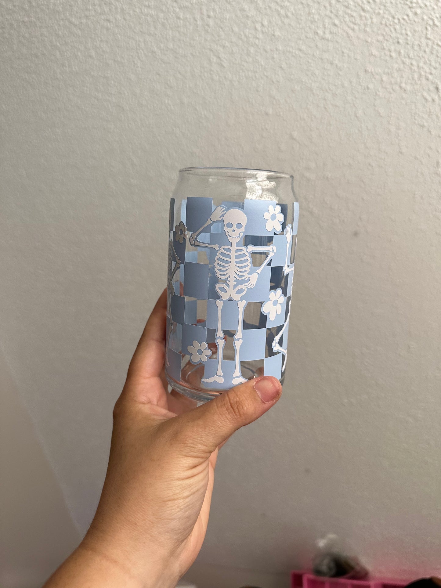 Checkered Skelly Can Glass