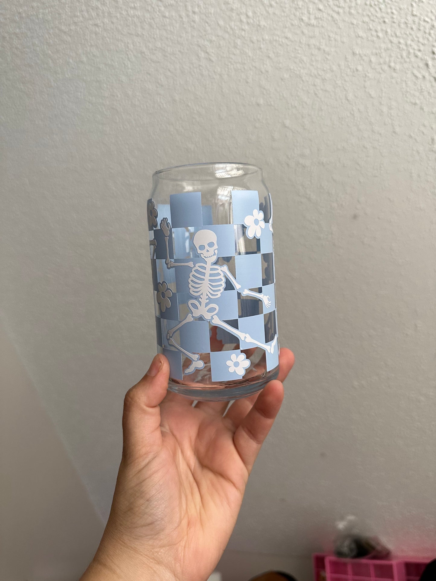 Checkered Skelly Can Glass